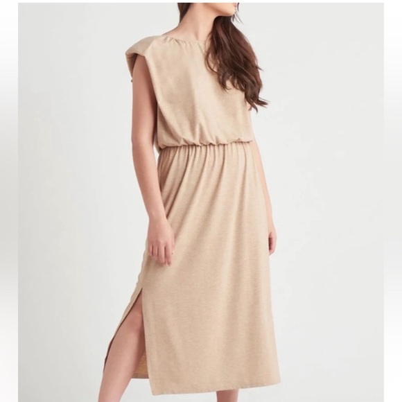 WAYF Tan knit cap sleeve elastic waist midi dress size M - Picture 2 of 16